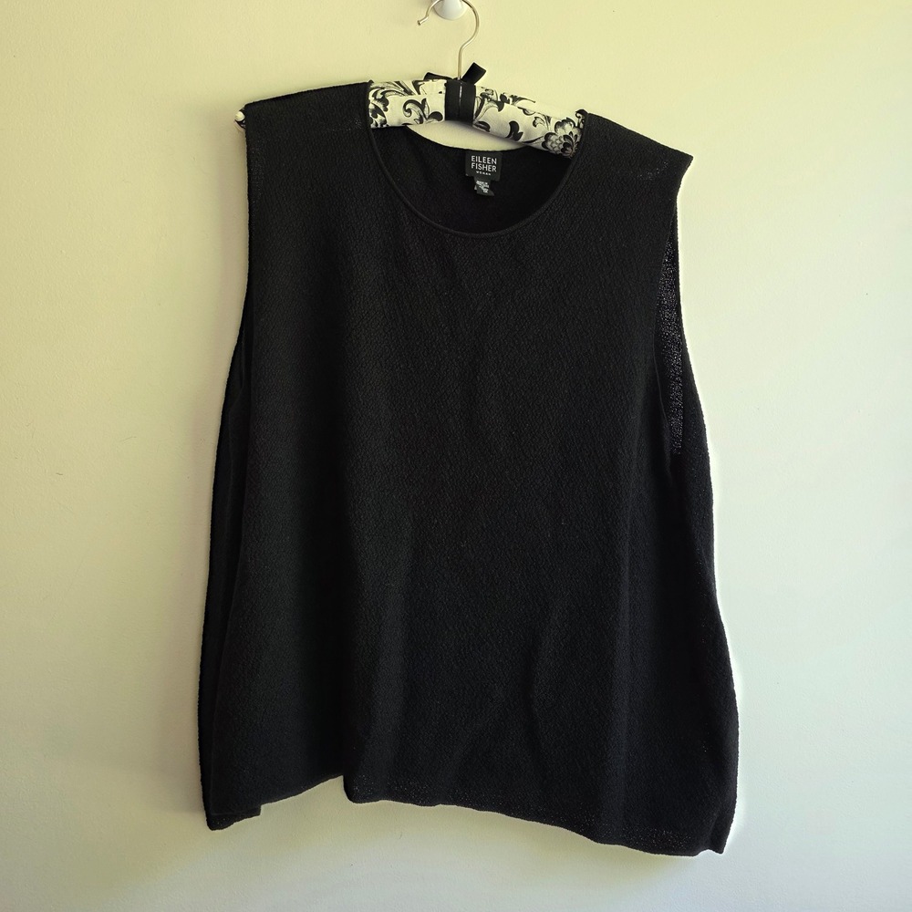 Eileen Fisher Woman Black 100% Wool Knit Shell Sleeveless Sweater Top 1X Italian